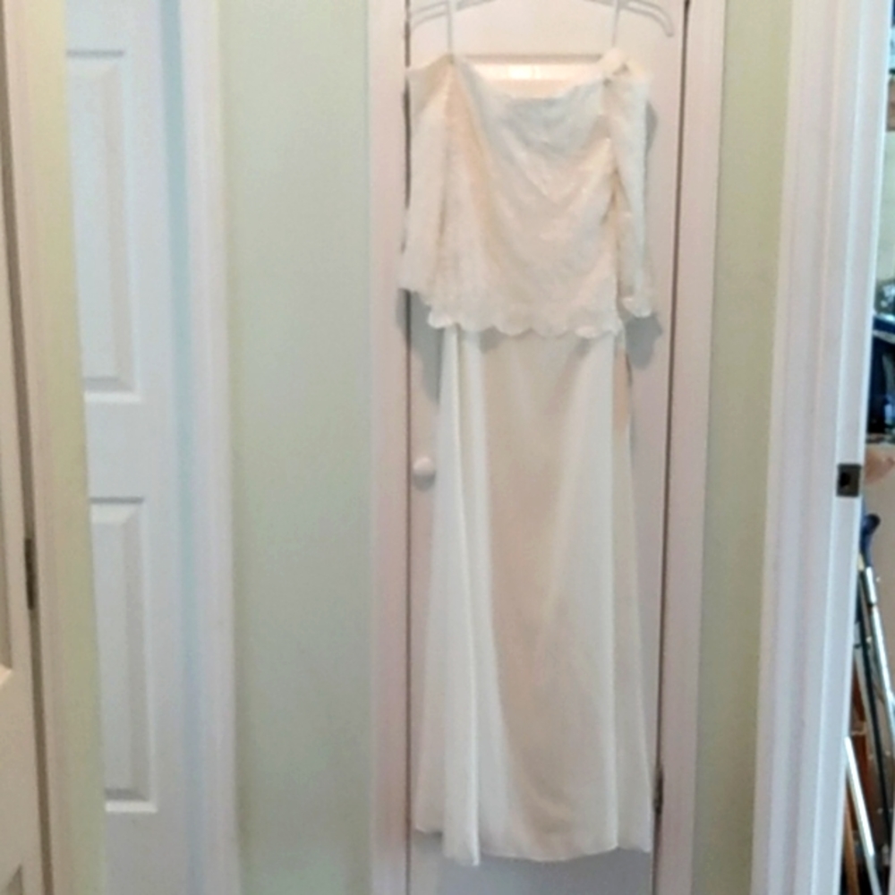 lovely cream, off the shoulder formal.